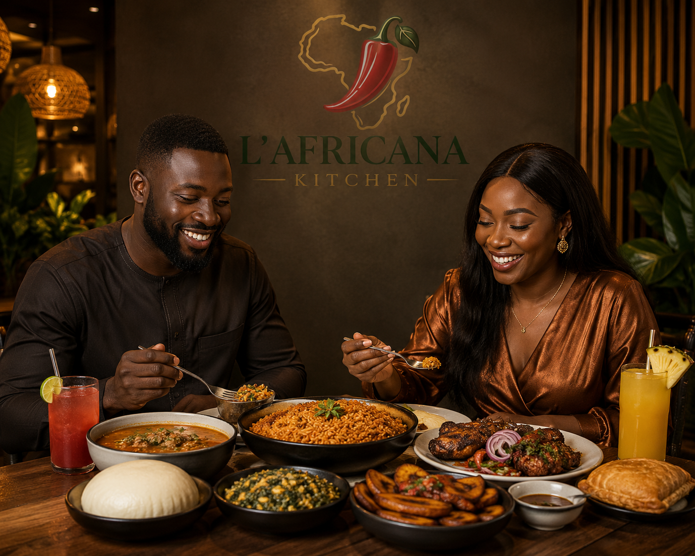 A couple enjoying a vibrant spread of Nigerian food at La'Africana Kitchen